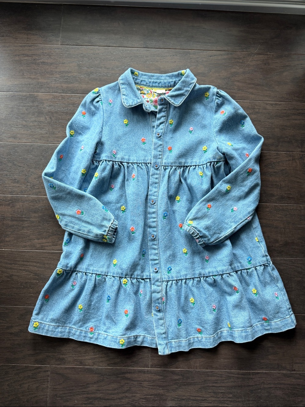 Mini Boden Light Blue Denim Dress with Multicolor Floral Embroidery